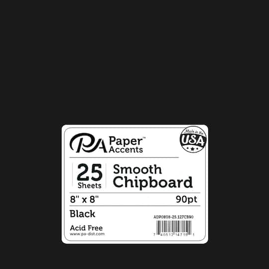 PA Paper&#x2122; Accents Black 8&#x22; x 8&#x22; 90pt. Chipboard, 25 Sheets